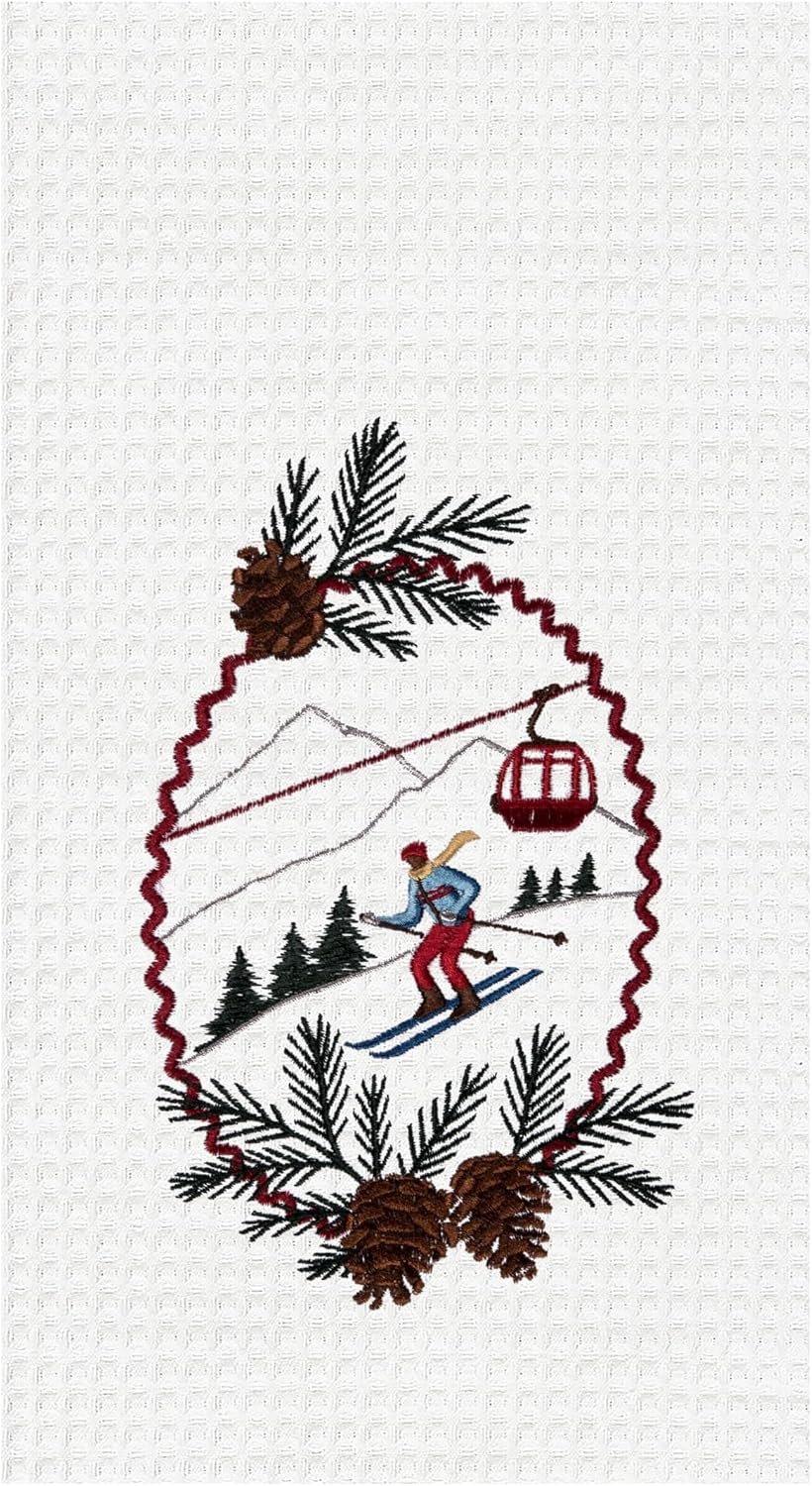 Ski Slope Winter Theme  Embroidered Cotton Waffle Weave Towel