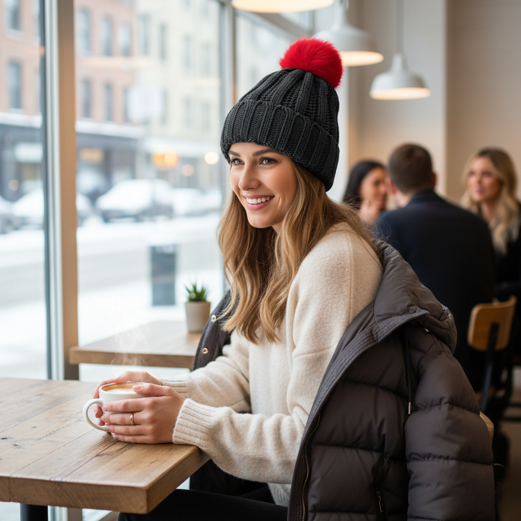 Knit Hat With Three Interchangeable Poms - Black