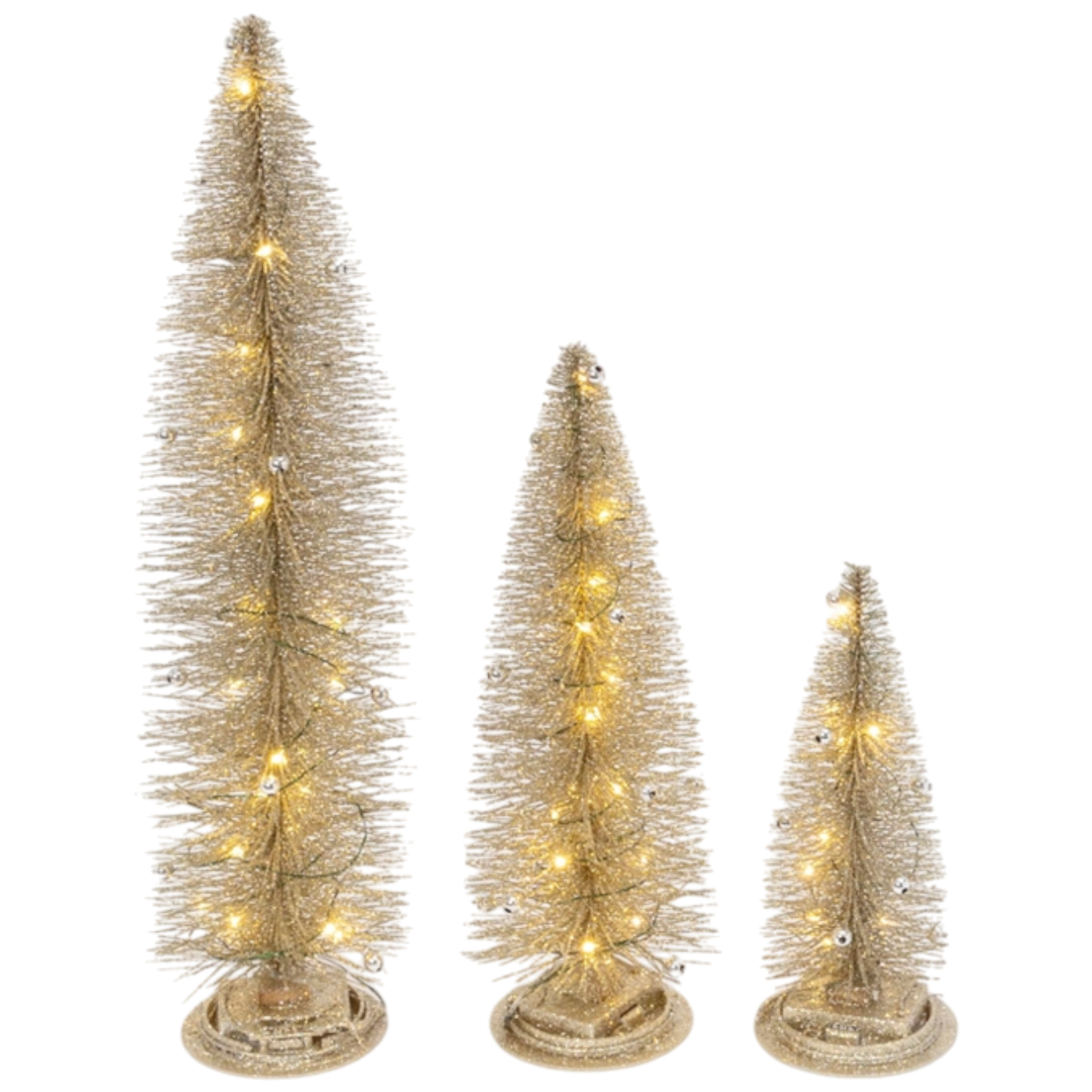 Lighted Holiday Bottle Brush Trees - Gold Set of 3