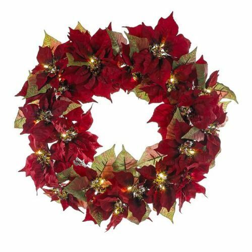 24" Battery-Operated Pre-Lit Red Poinsettia Wreath