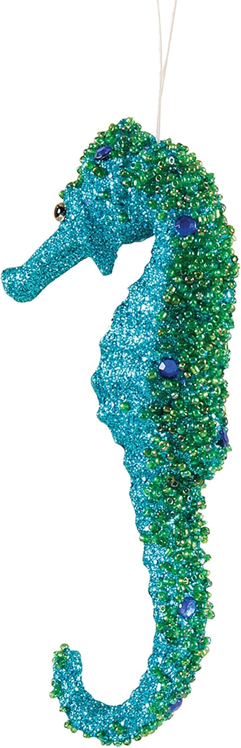 Teal Glitter Seahorse Ornament