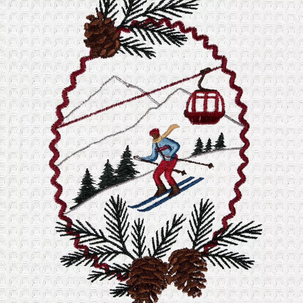 Ski Slope Winter Theme  Embroidered Cotton Waffle Weave Towel