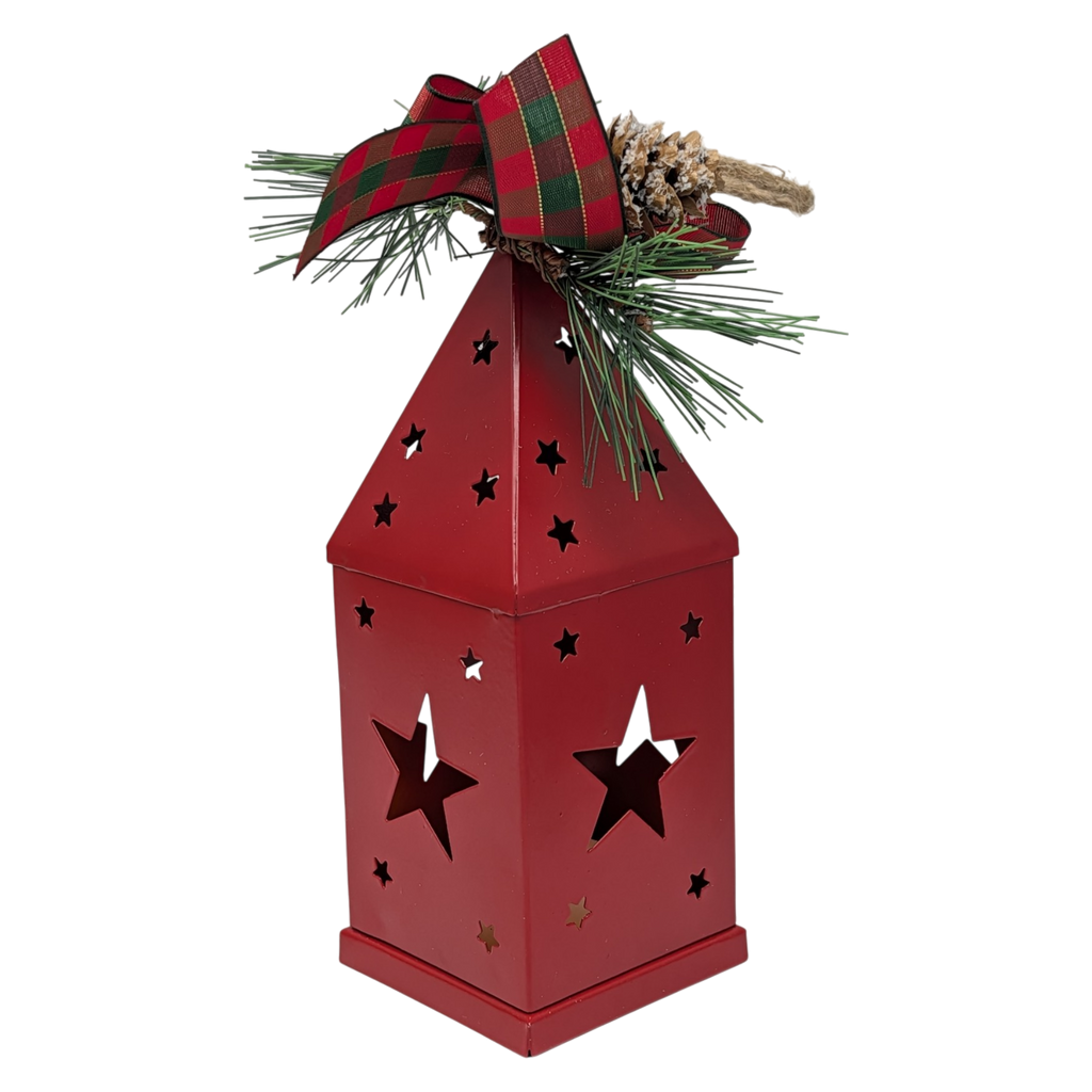 Punched-Tin Lighted Lantern - Red