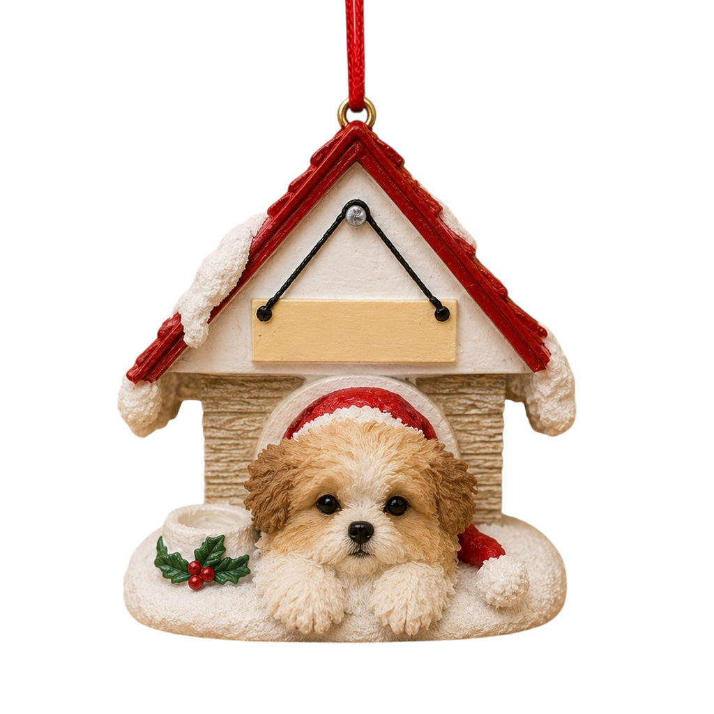 Ceramic Doghouse Ornament - Shih Tzu- Tan and White Puppy Cut