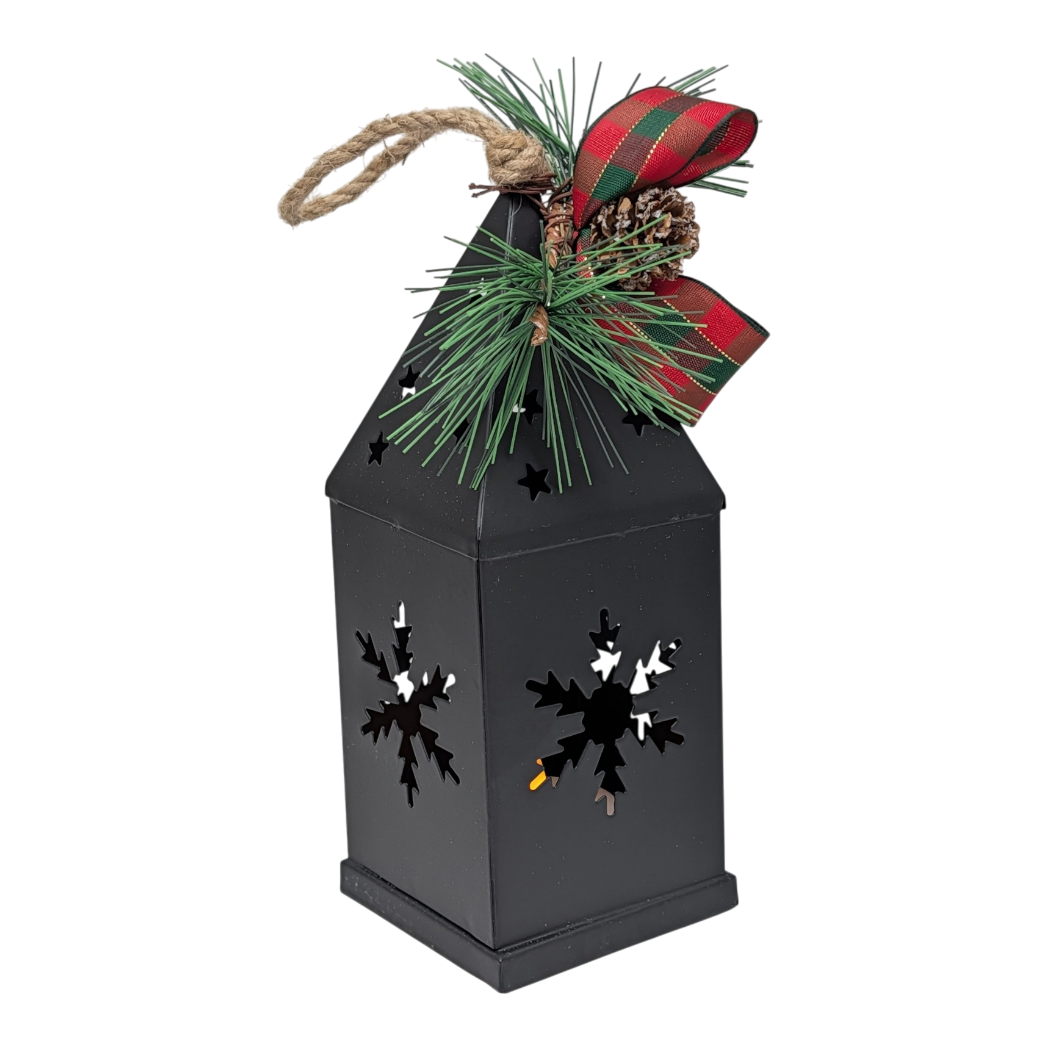Punched-Tin Lighted Lantern - Matte Black