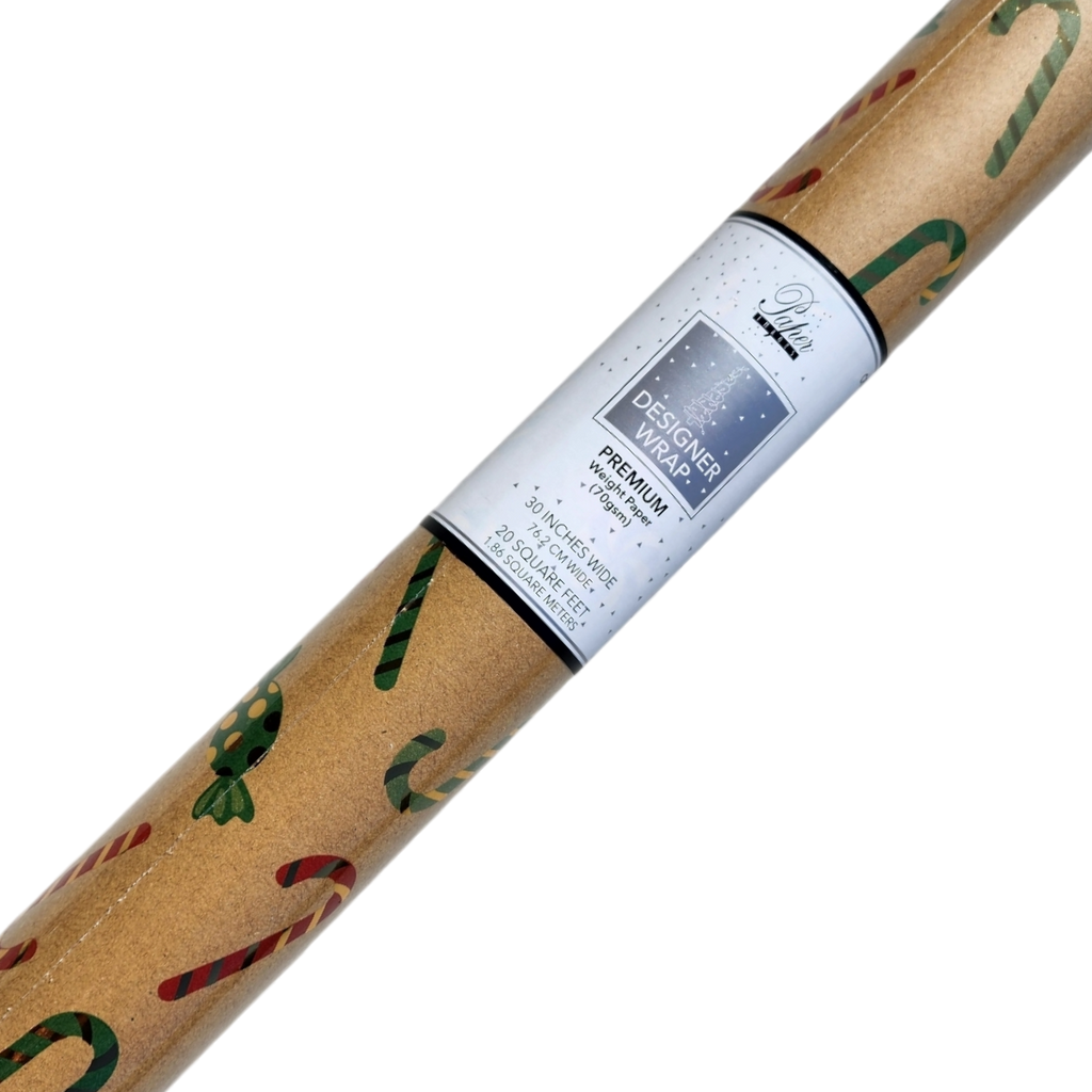 Kraft Foil Roll Wrap - 30" x 96" - Candy Cane Classic