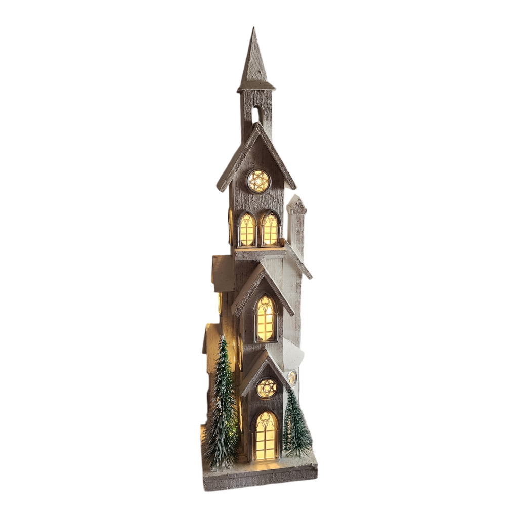 Lighted White Wood Church - 34.4 Inch