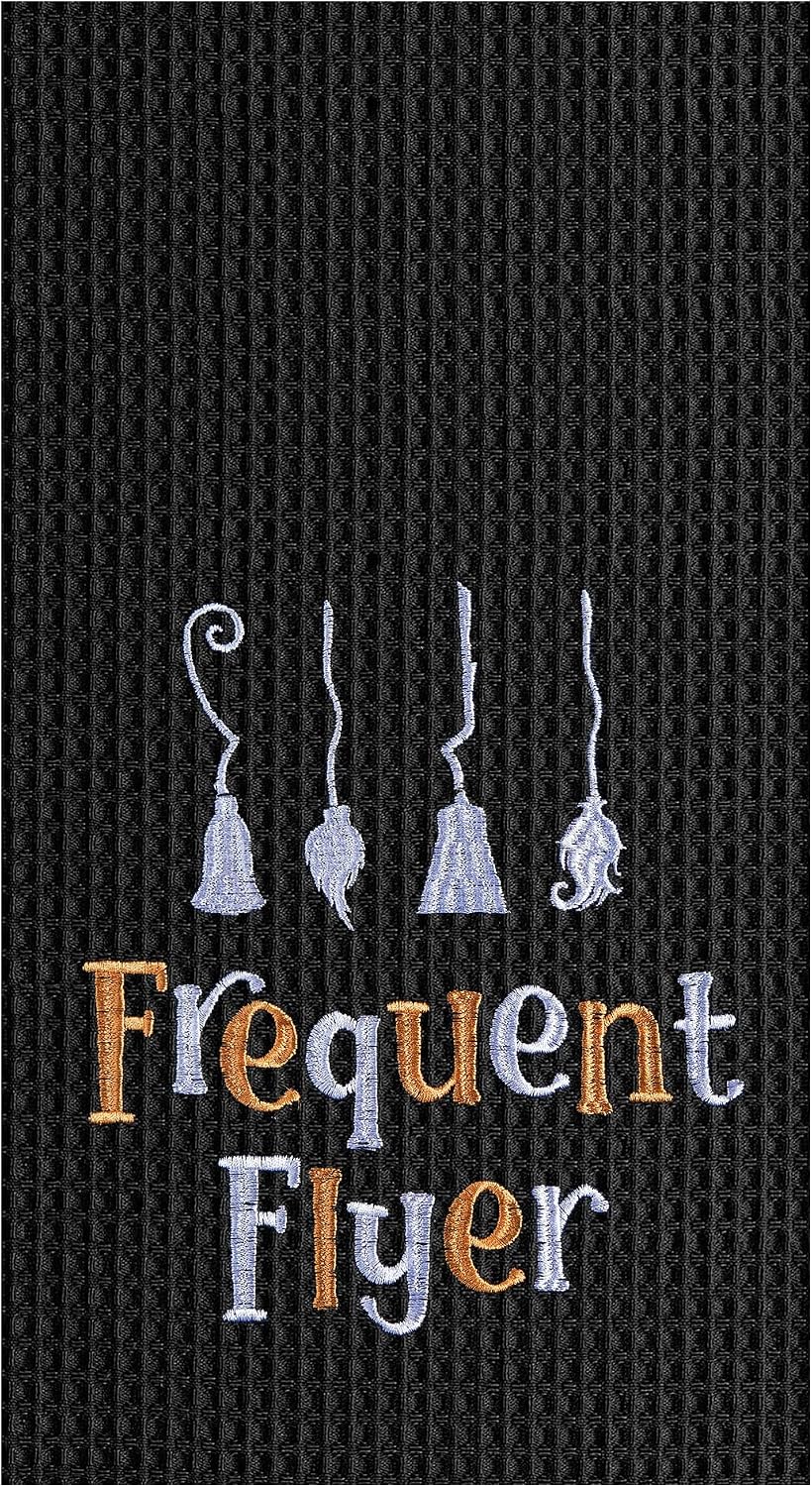 Frequent Flyer Witch Broom Halloween Embroidered Cotton Waffle Weave Towel