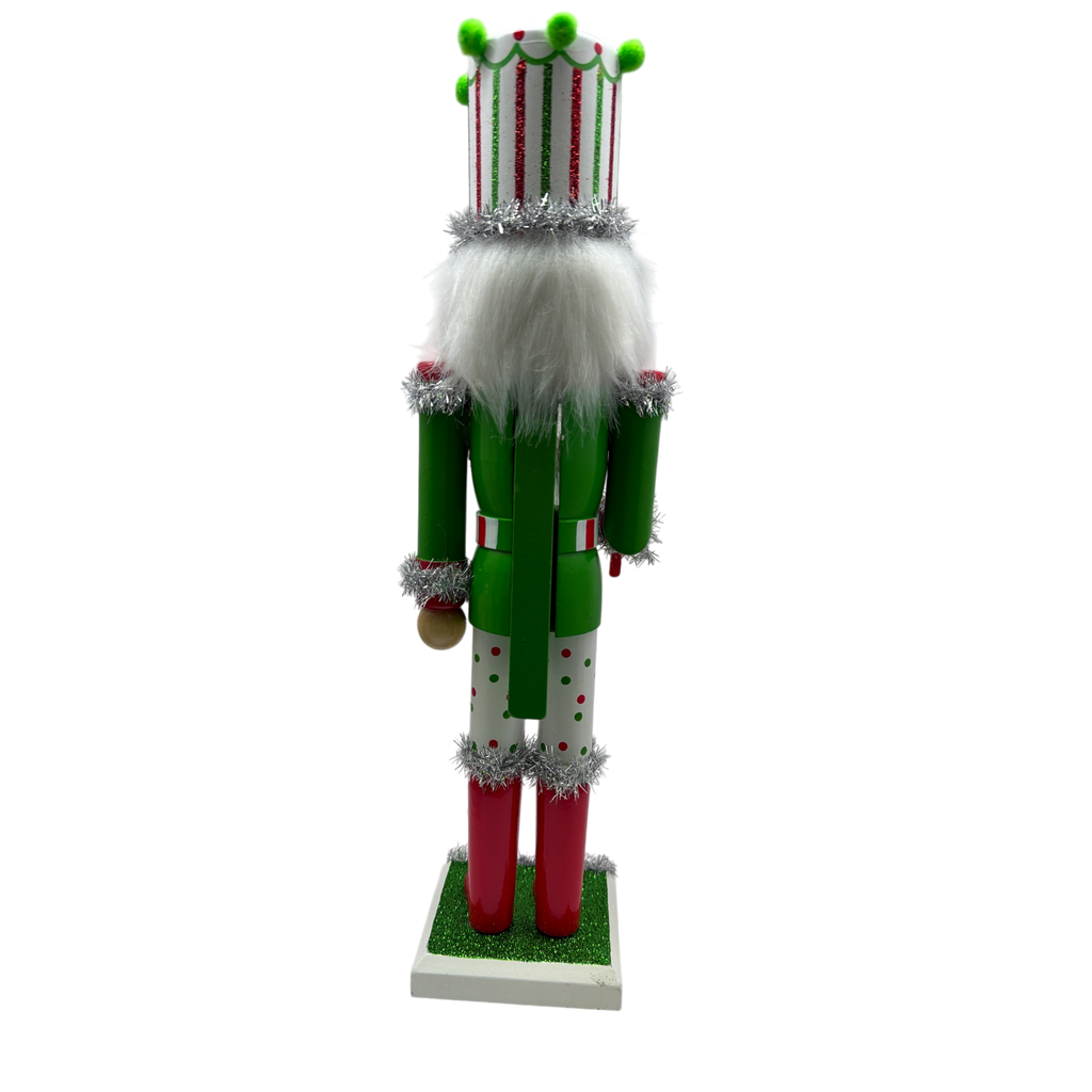 Red White and Green Nutcracker With Striped Hat