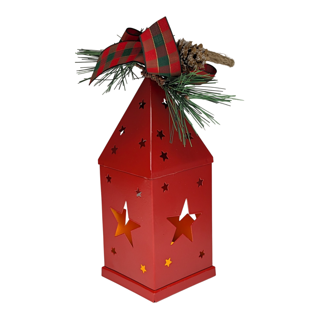 Punched-Tin Lighted Lantern - Red