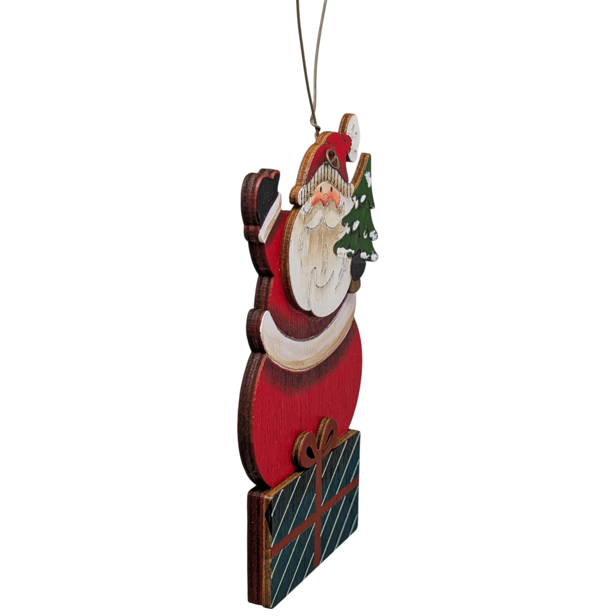 Father Christmas & His Evergreen Gift: Hand-Painted Plywood Ornament