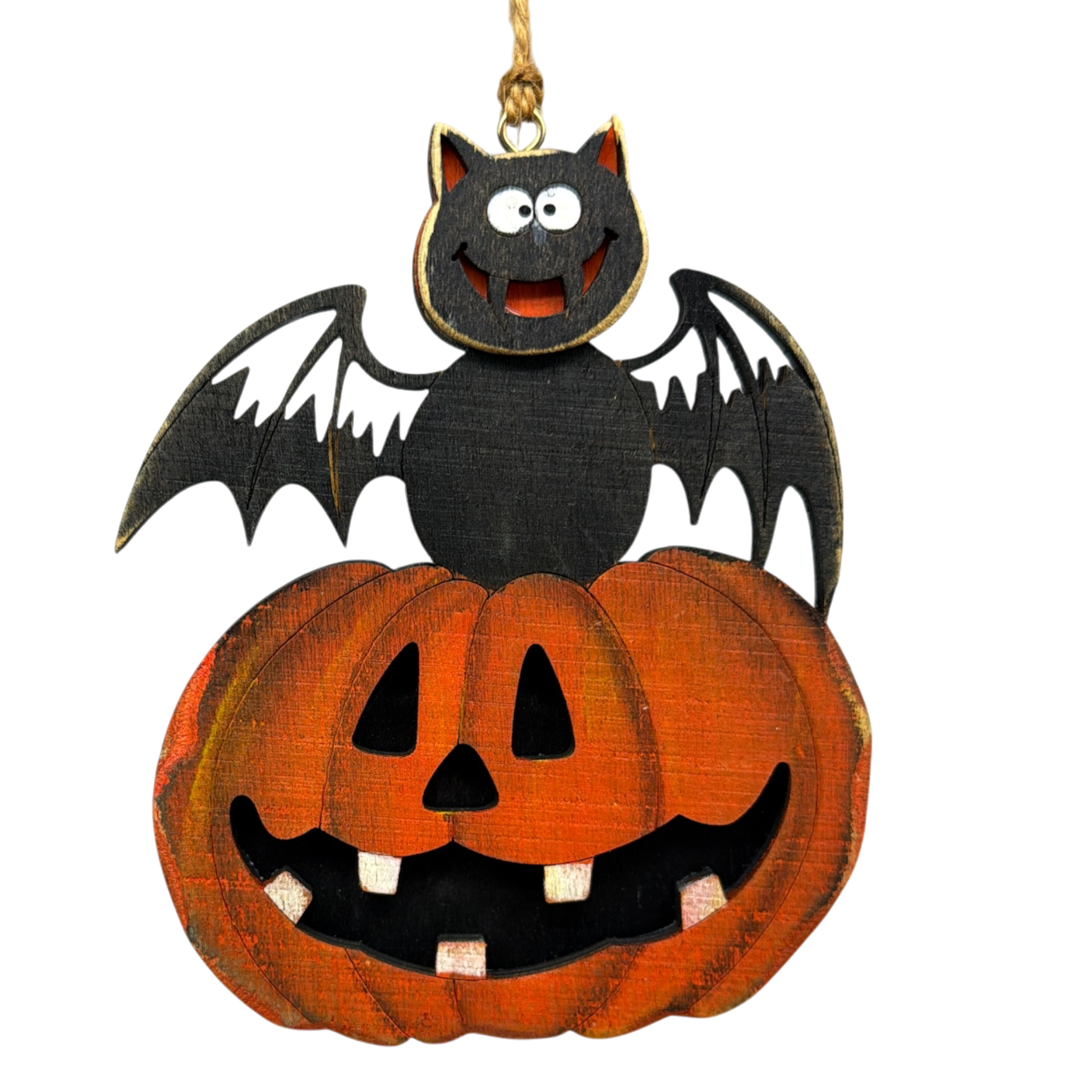 Batty and Jack-O'-Lantern Wooden Ornament