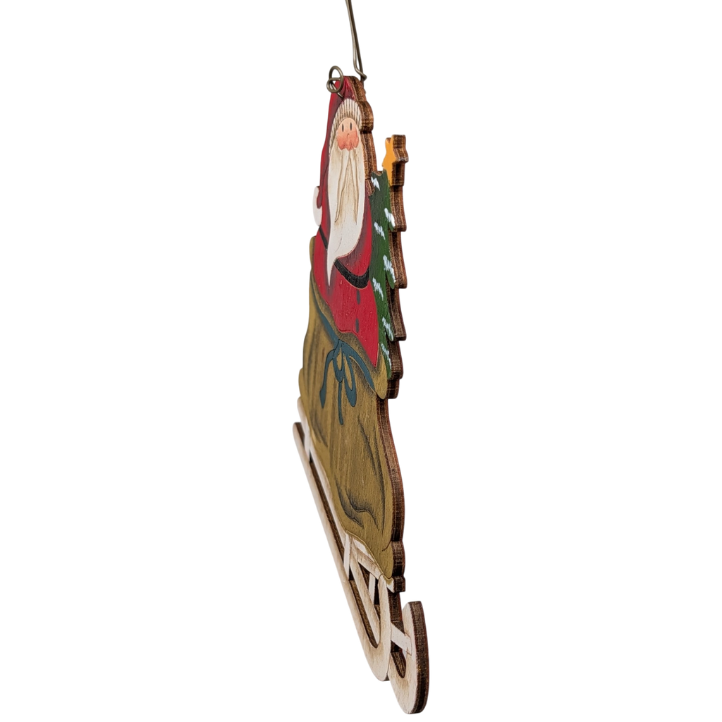 Santa's Starlit Sleigh Ride: Hand-Painted Plywood Ornament