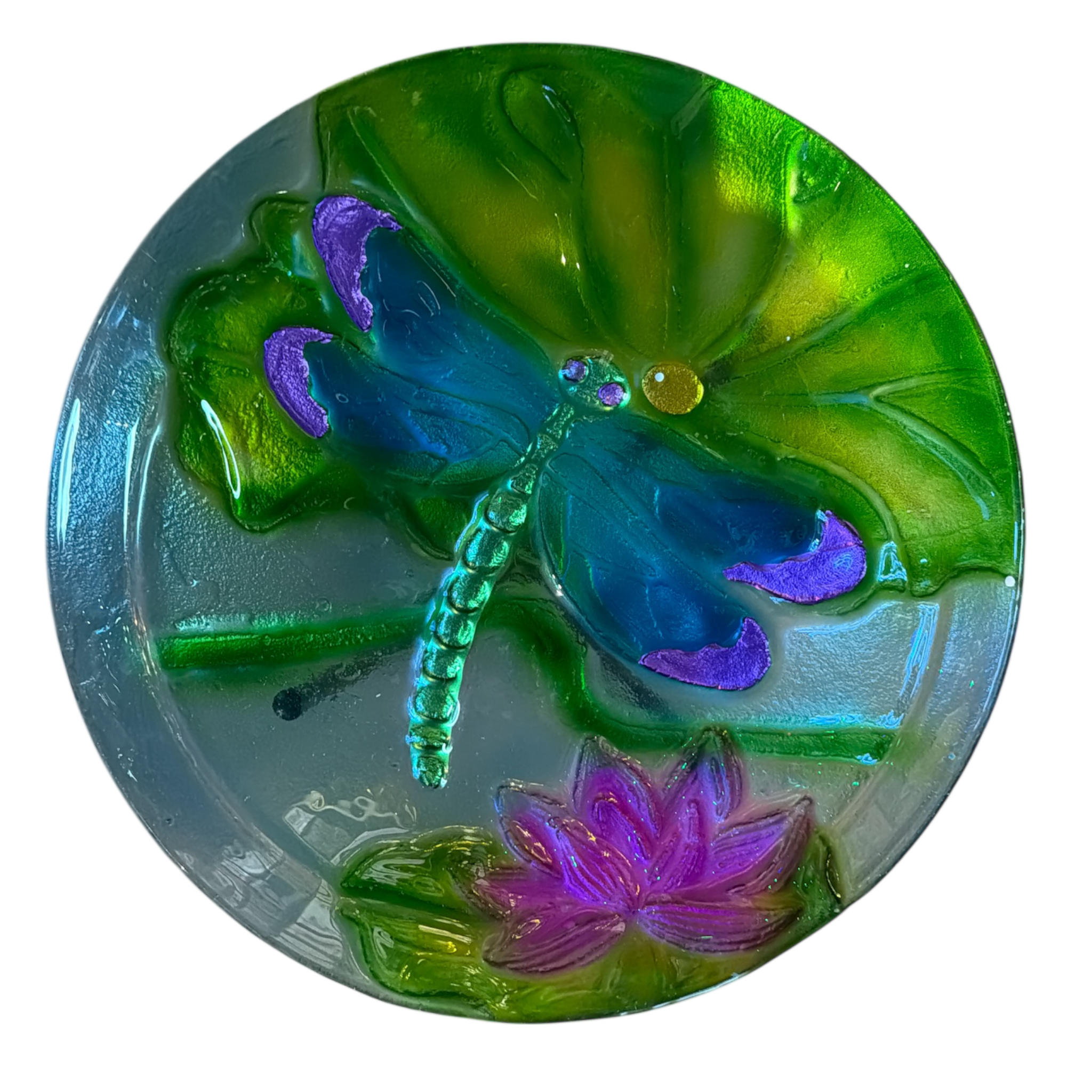 Dragonfly Fused Glass Bird Bath