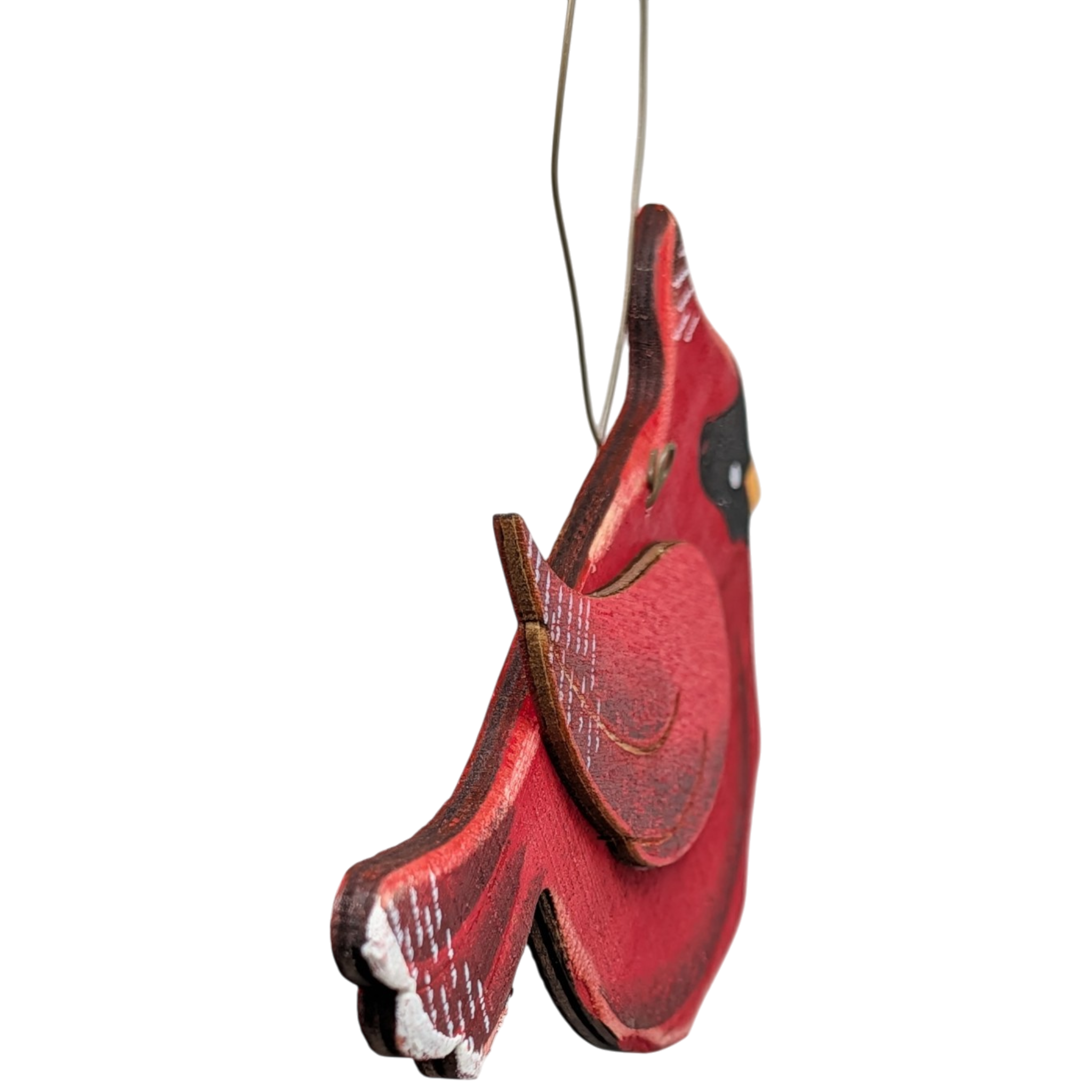 Scarlett's Cardinal Flight: Hand-Painted Plywood Ornament
