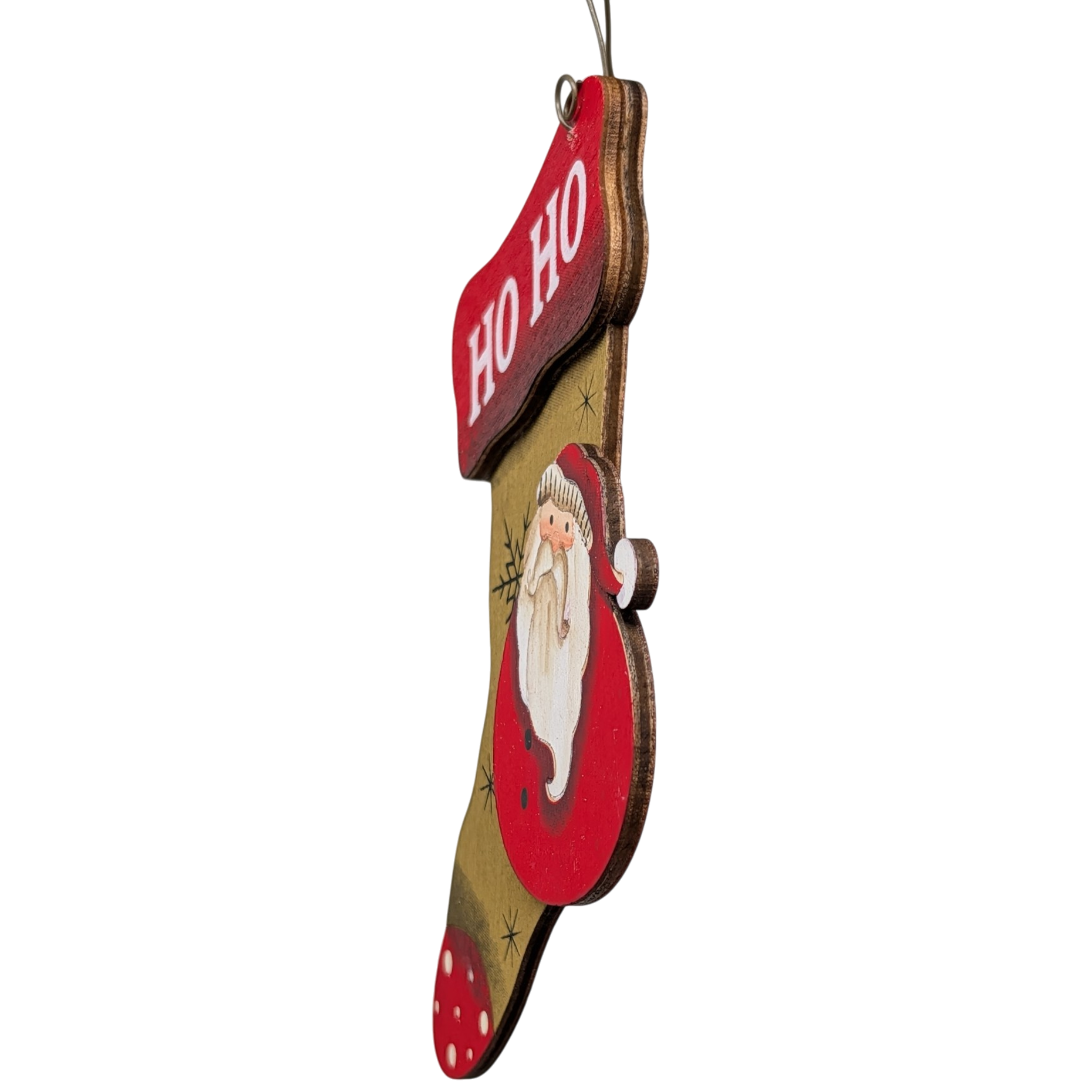 Santa's Cozy Stocking: Hand-Painted Plywood Ornament