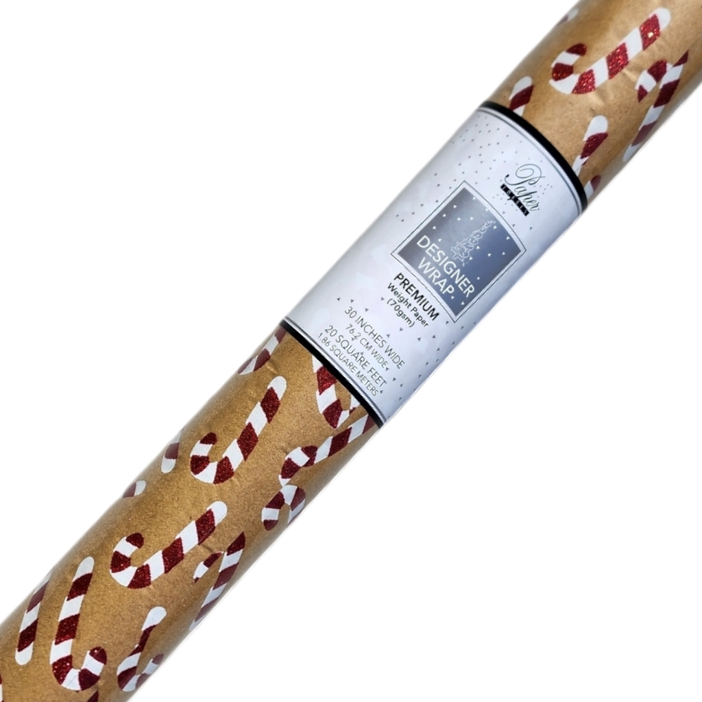 Glitter Accented Roll Wrap - 30" x 96" - Candy Cane Delight