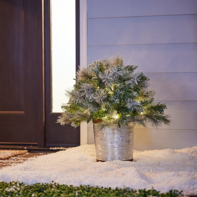 Pre-lit Flocked White Christmas Potted Bush