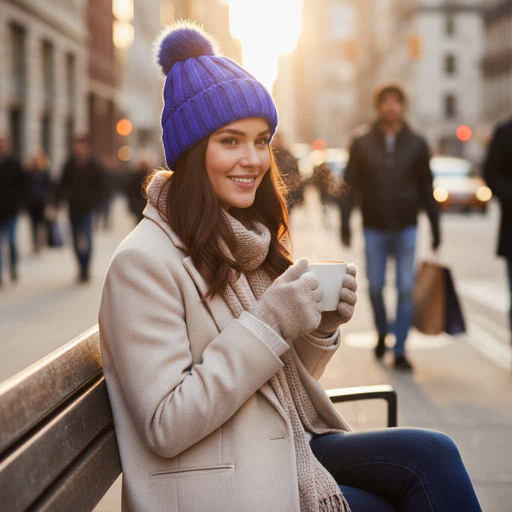 Knit Hat With Three Interchangeable Poms - Blue