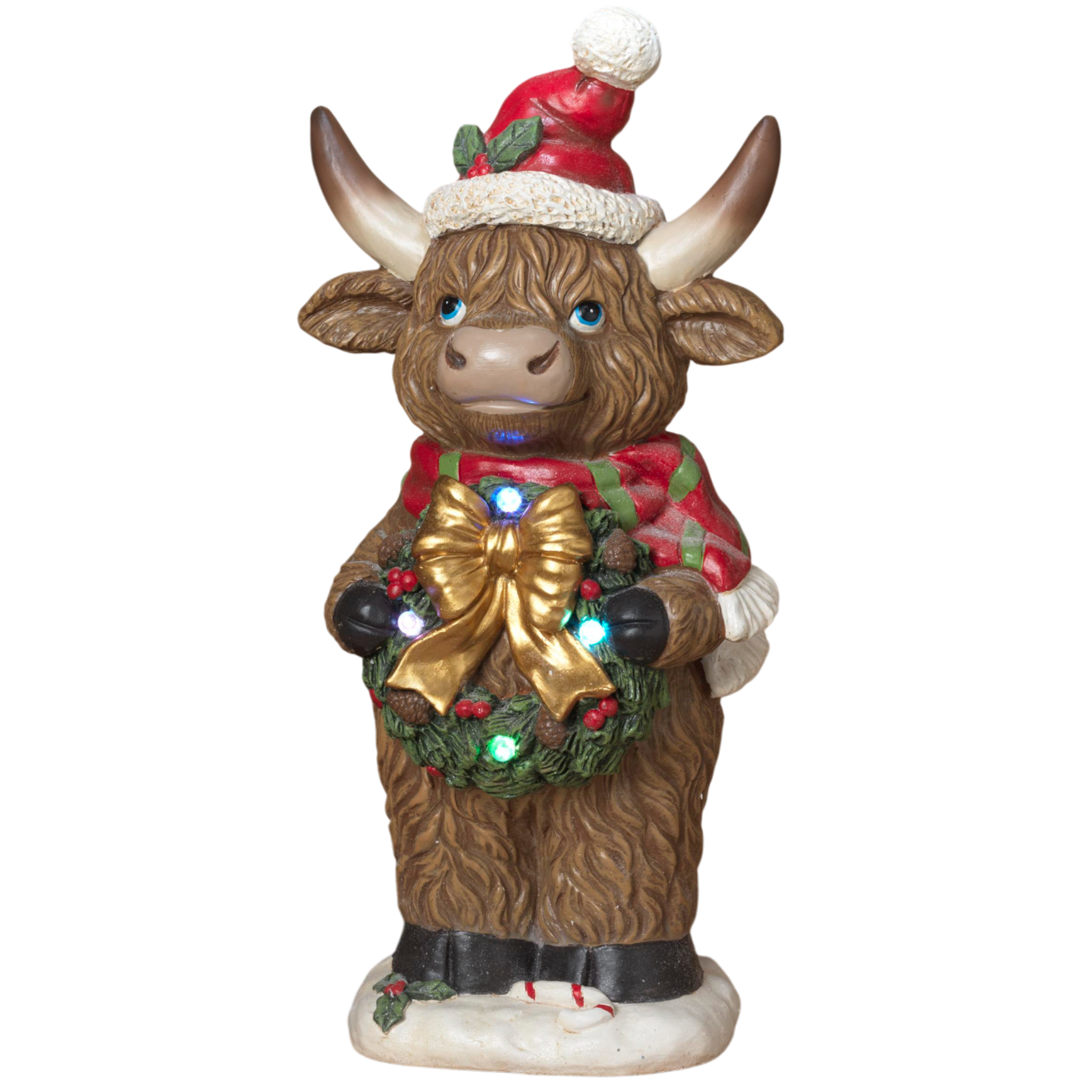 Holiday Highland Cow with Wreath – 26.7" Lighted Figurine with Timer