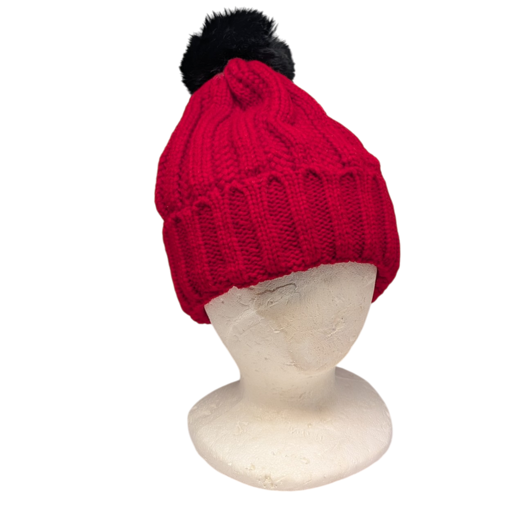 Knit Hat With Three Interchangeable Poms - Red
