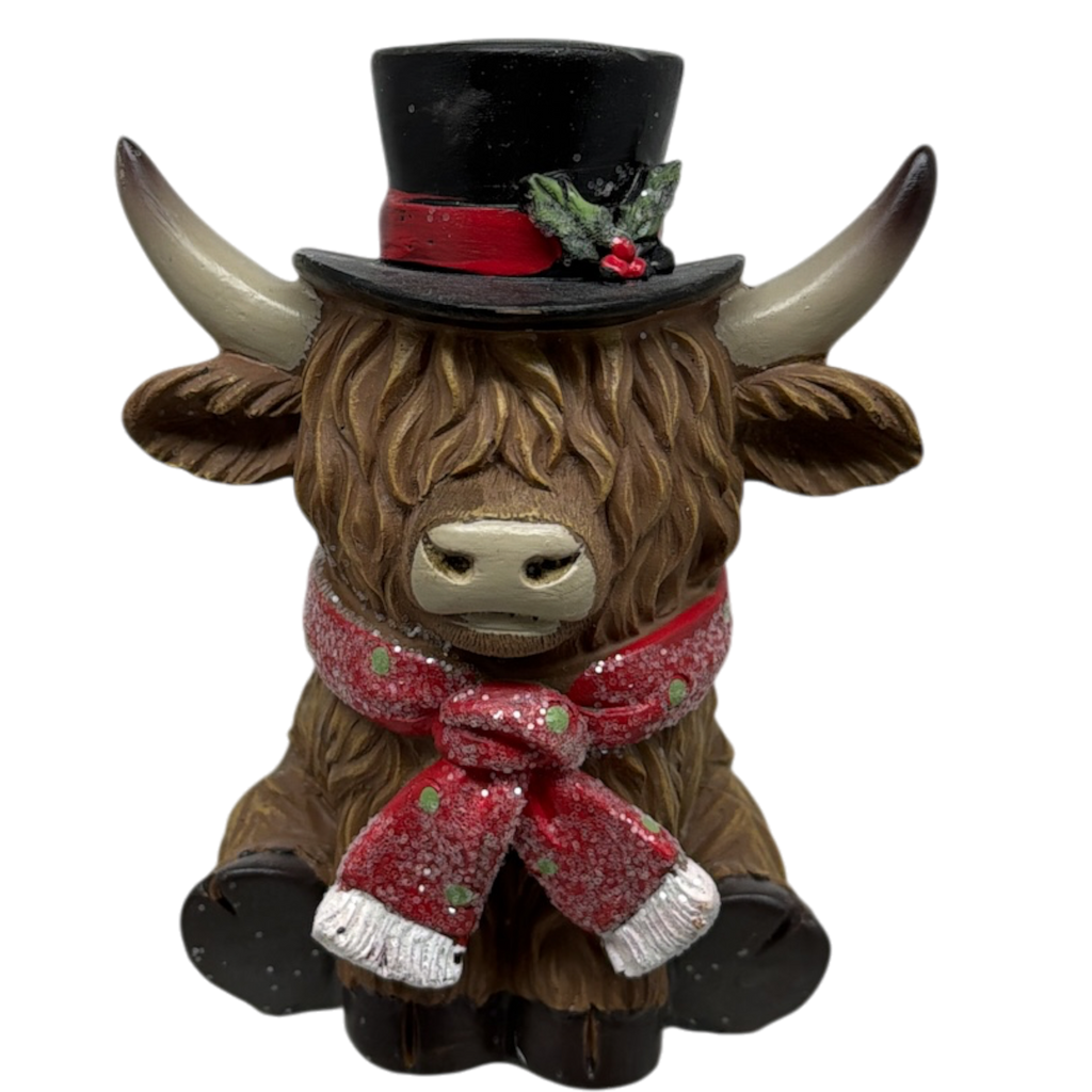 Resin Holiday Highland Cow  - Red Scarf