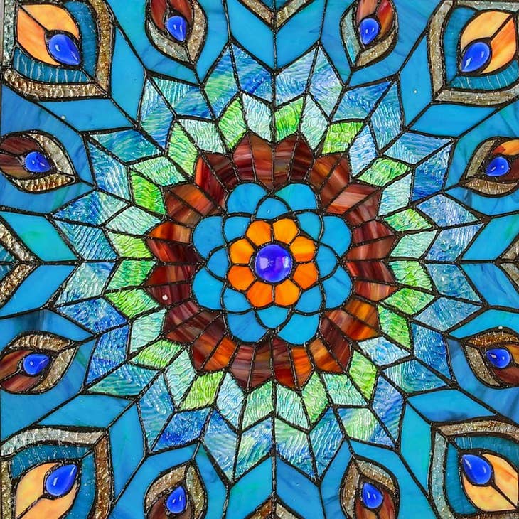 Presley Blue Peacock Stained Glass Window Panel