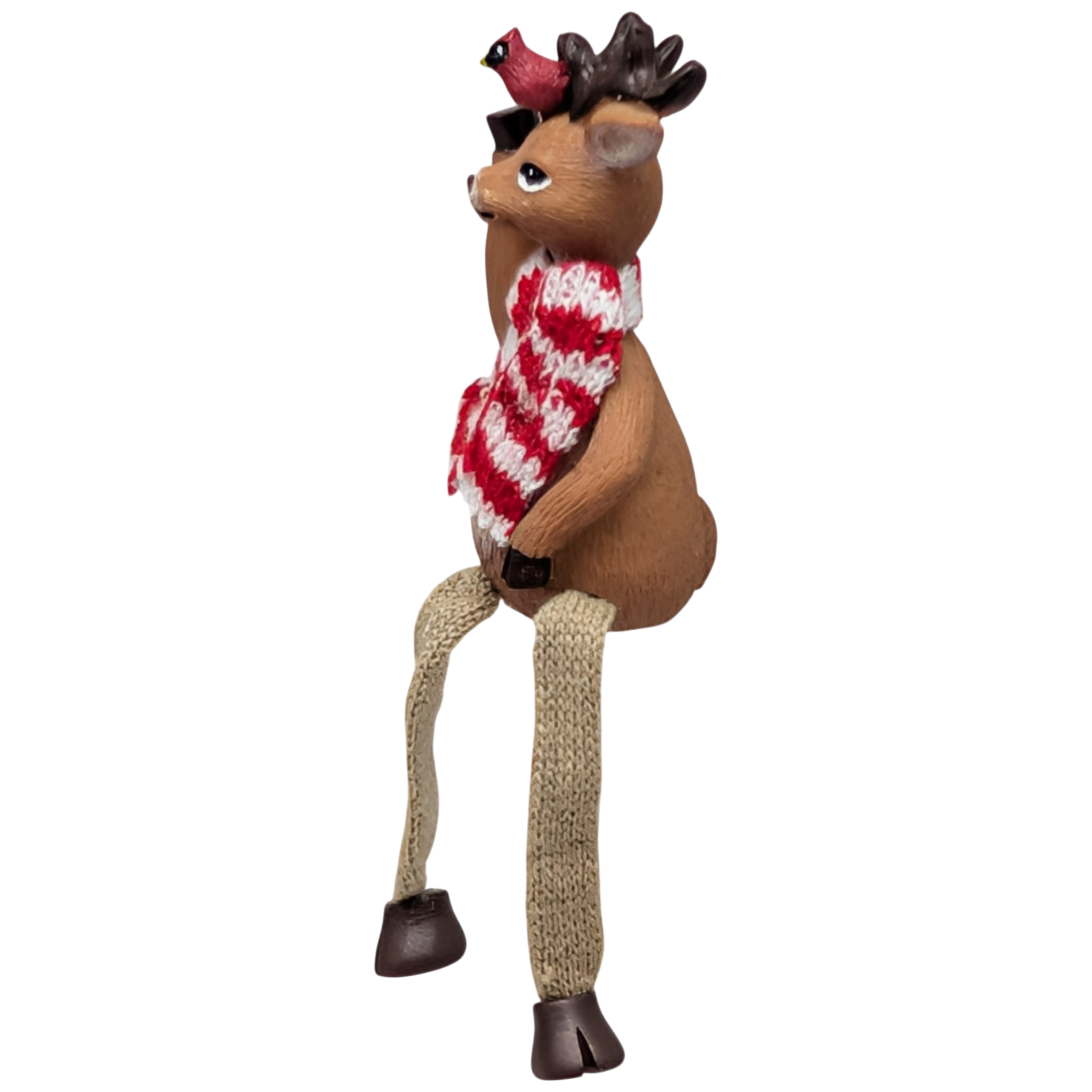 Red and White Striped Scarf with Cardinal Reindeer Shelfsitter