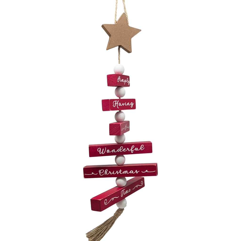 Wood Traditional Christmas Tree Shaped Wall Sign - Red