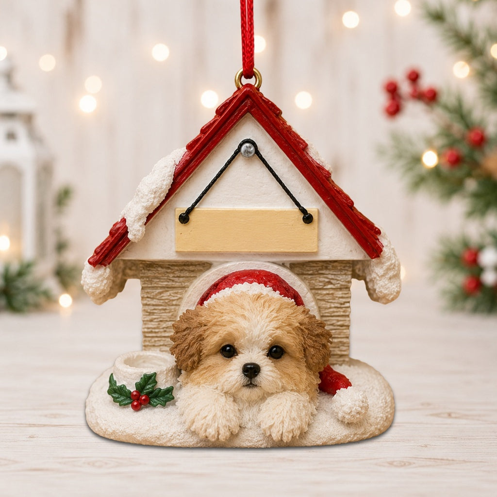 Ceramic Doghouse Ornament - Shih Tzu- Tan and White Puppy Cut