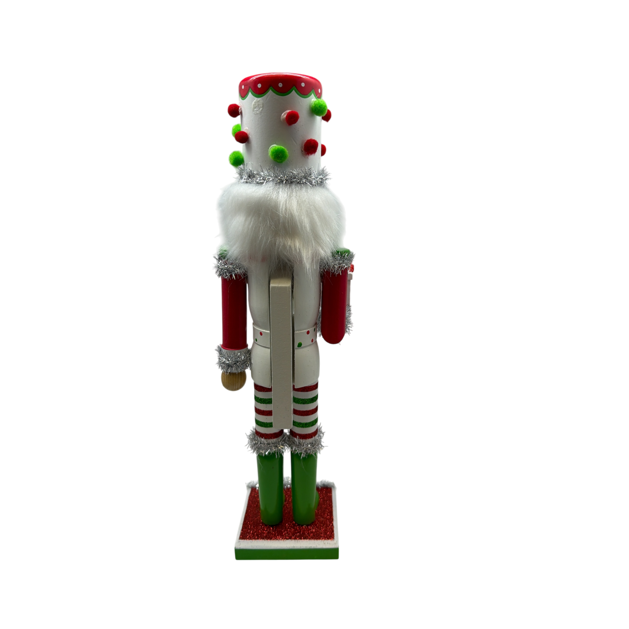 Red White and Green Nutcracker With Polka Dot Pom Pom Hat