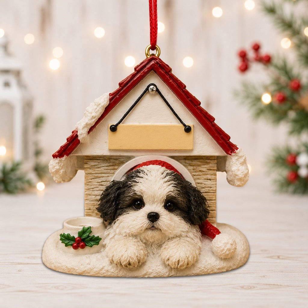 Ceramic Doghouse Ornament - Shih-Tzu - Black and White Puppy Cut