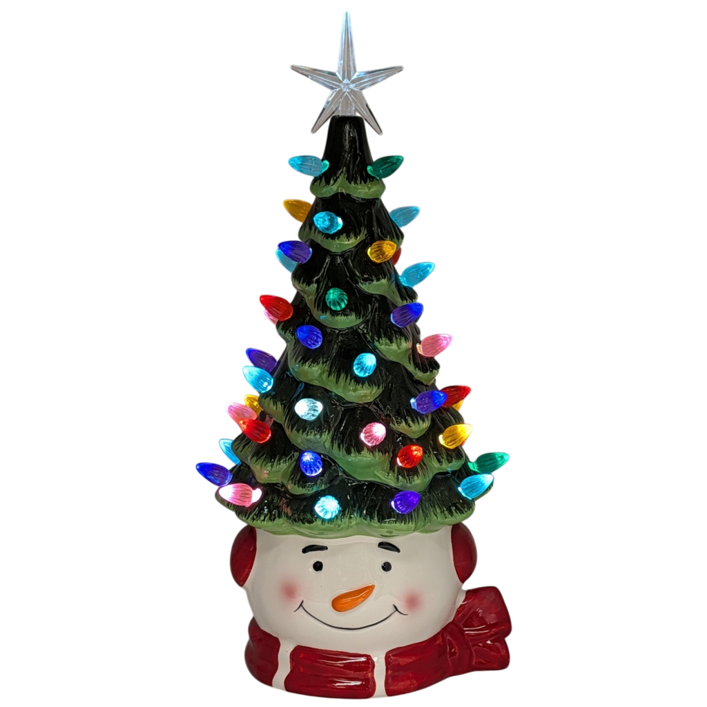 Snowman Ceramic Christmas Tree Lighted  With Timer