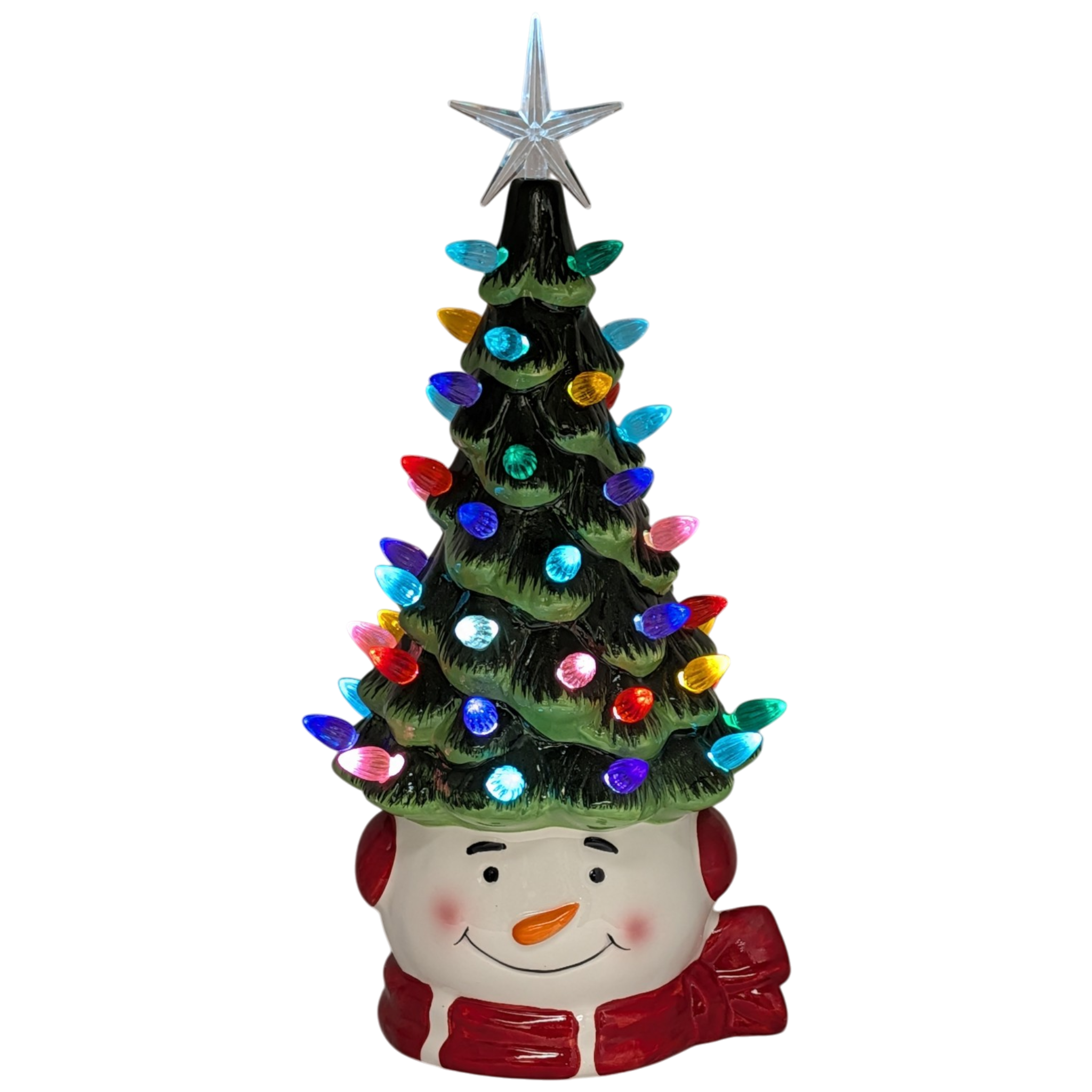 Snowman Ceramic Christmas Tree Lighted  With Timer