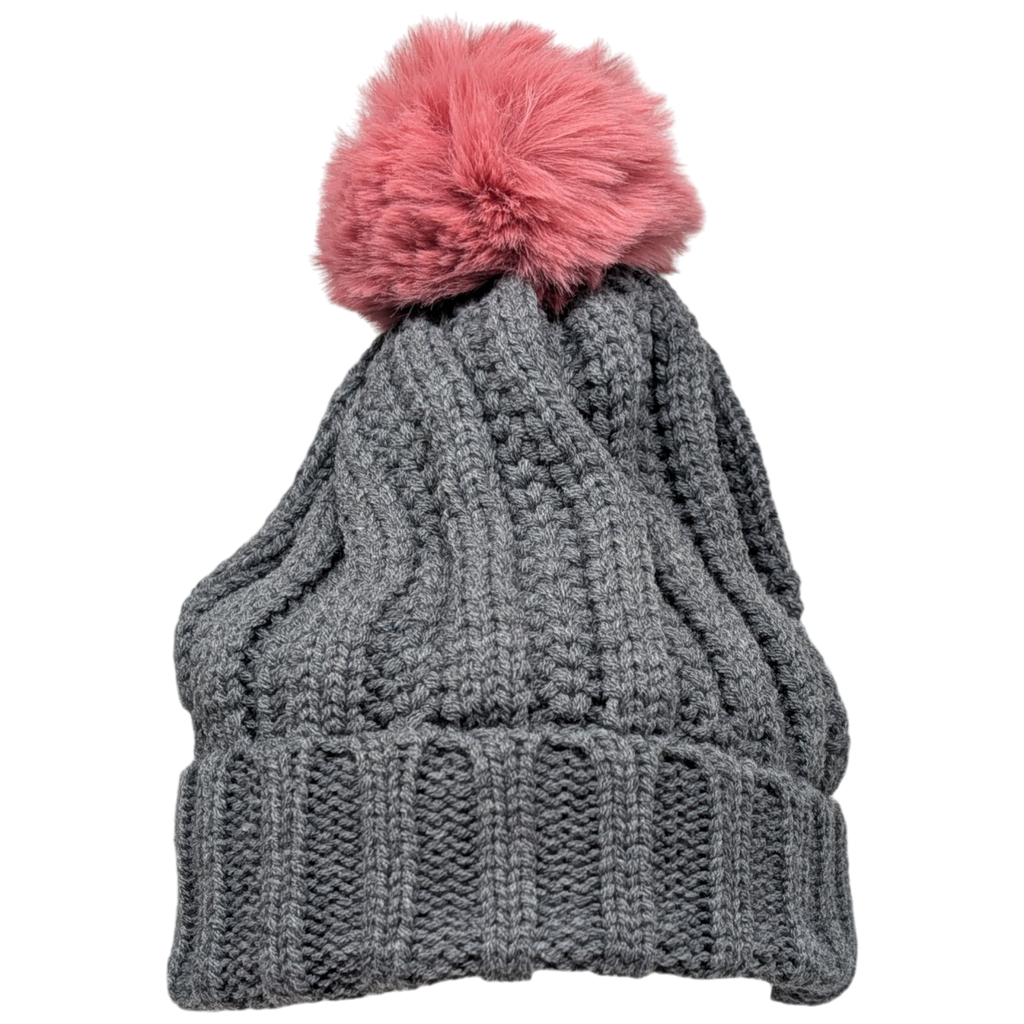 Knit Hat With Three Interchangeable Poms - Grey