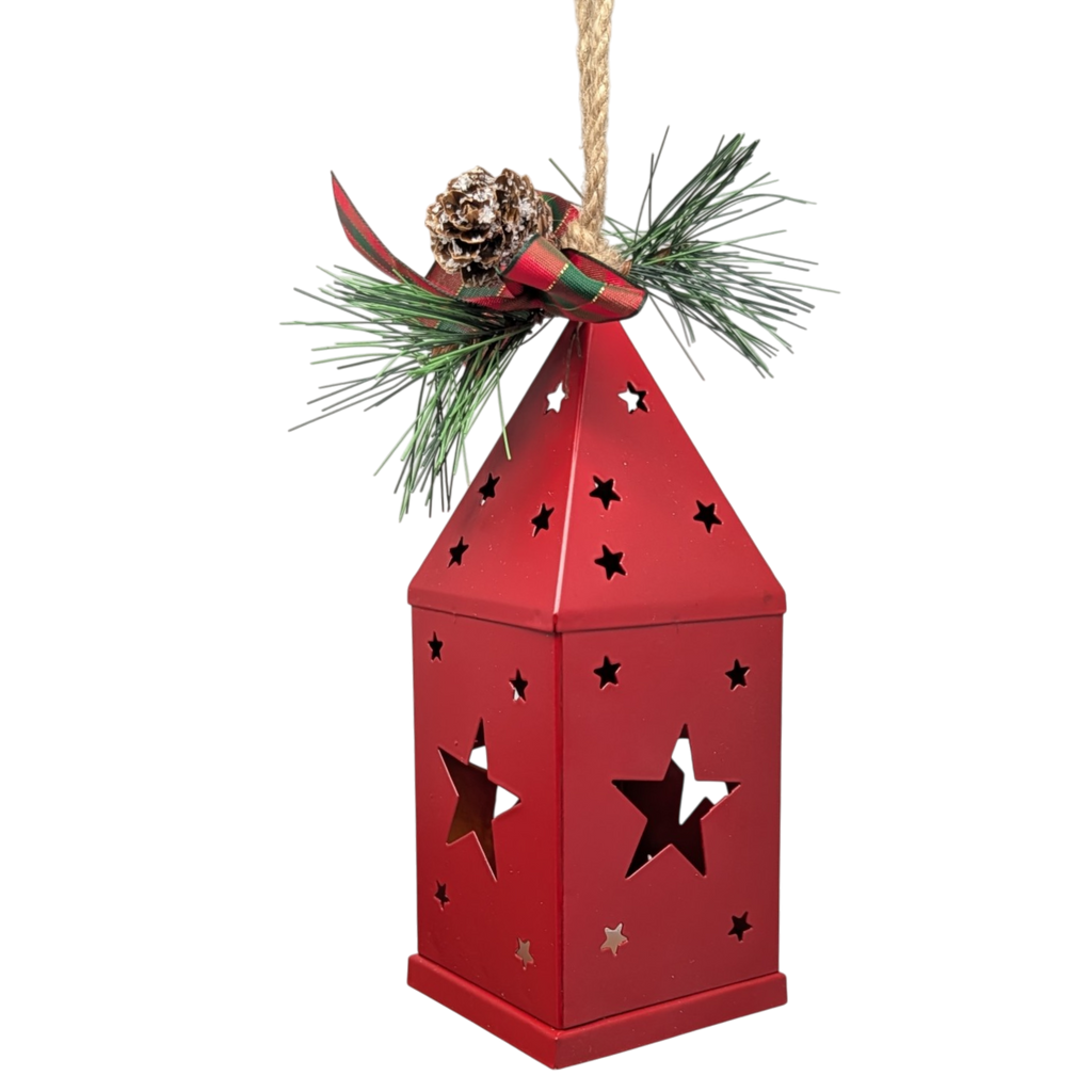 Punched-Tin Lighted Lantern - Red