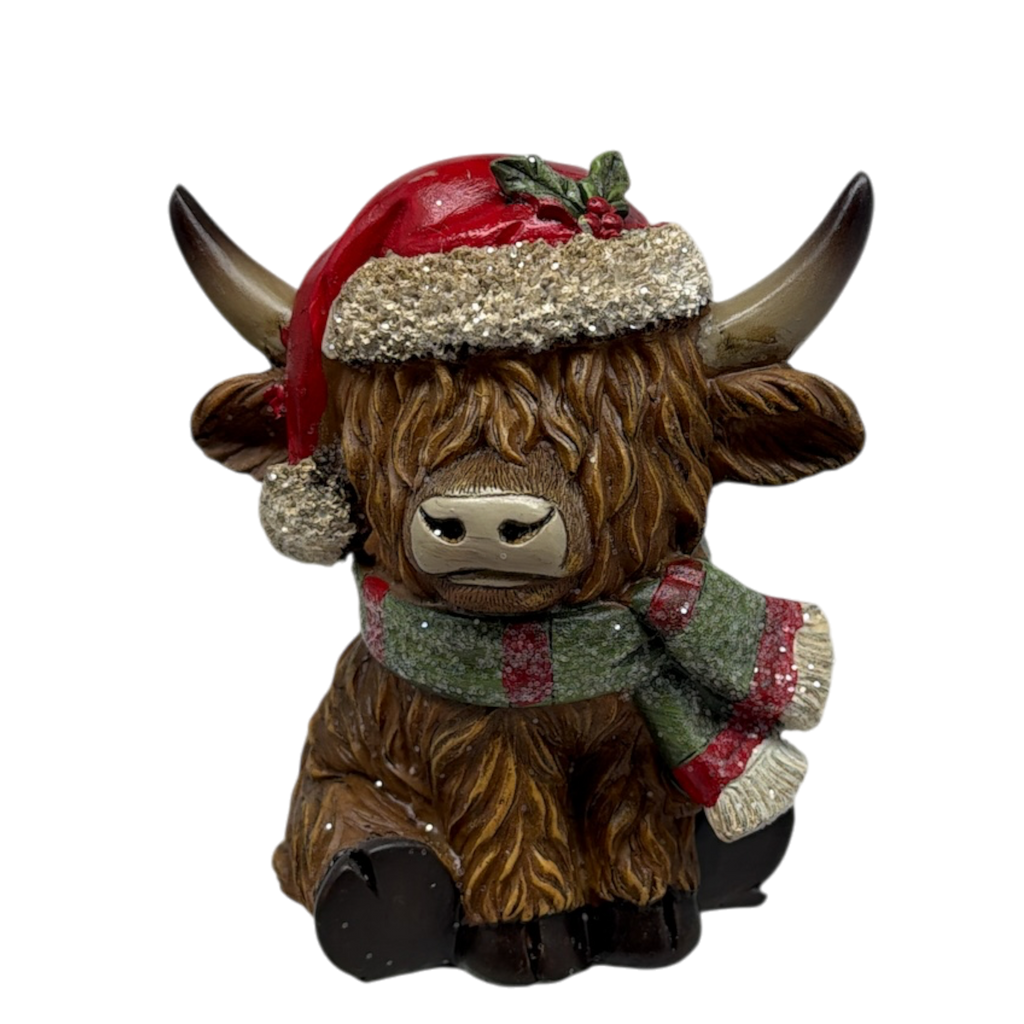 Resin Holiday Highland Cow  - Green Scarf