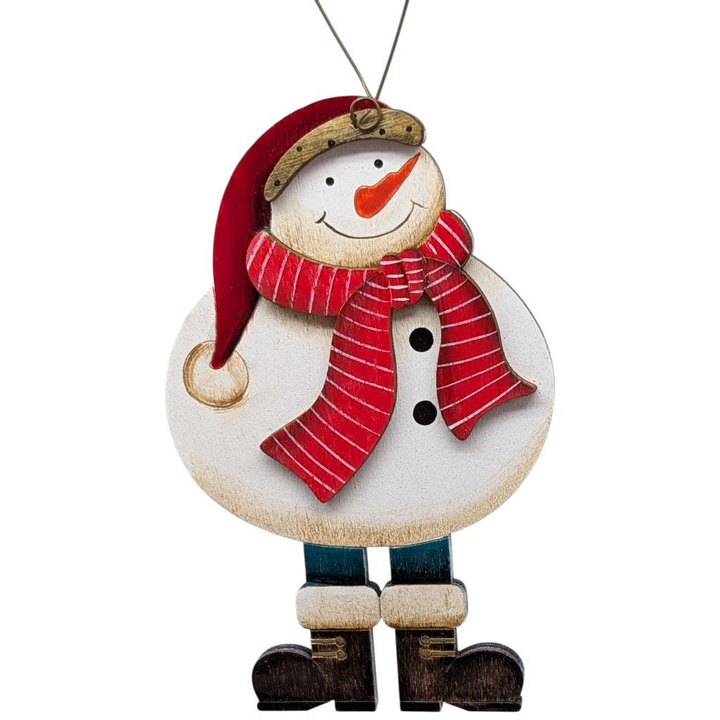 Frosty's Cheerful Stance: Hand-Painted Plywood Ornament