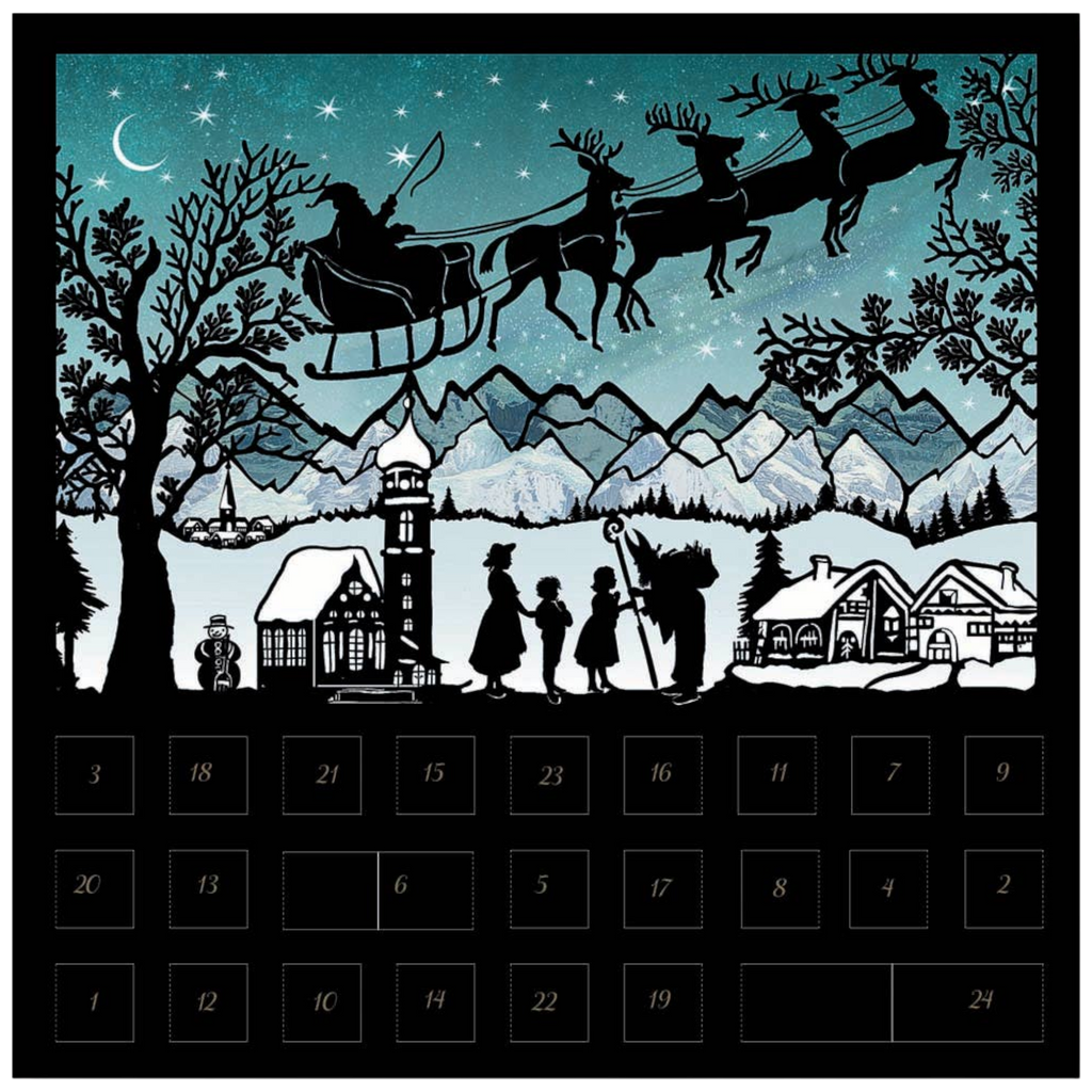 Santa's Journey Across the Winter Sky: A Town's Magical Vigil Silhouette Advent Card