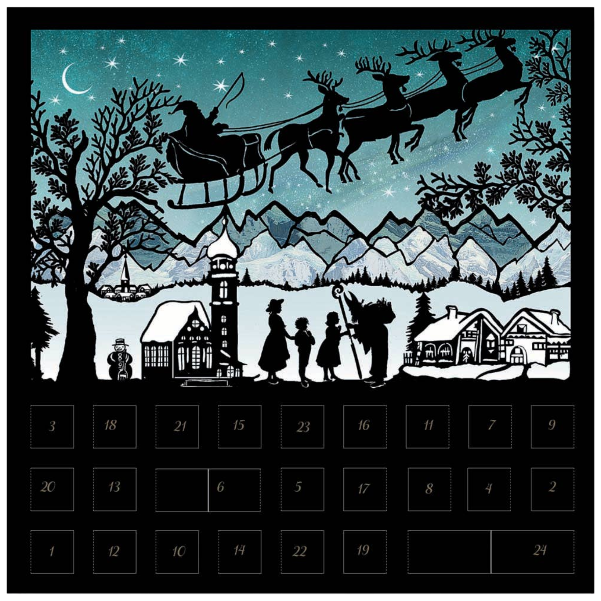 Santa's Journey Across the Winter Sky: A Town's Magical Vigil Silhouette Advent Card