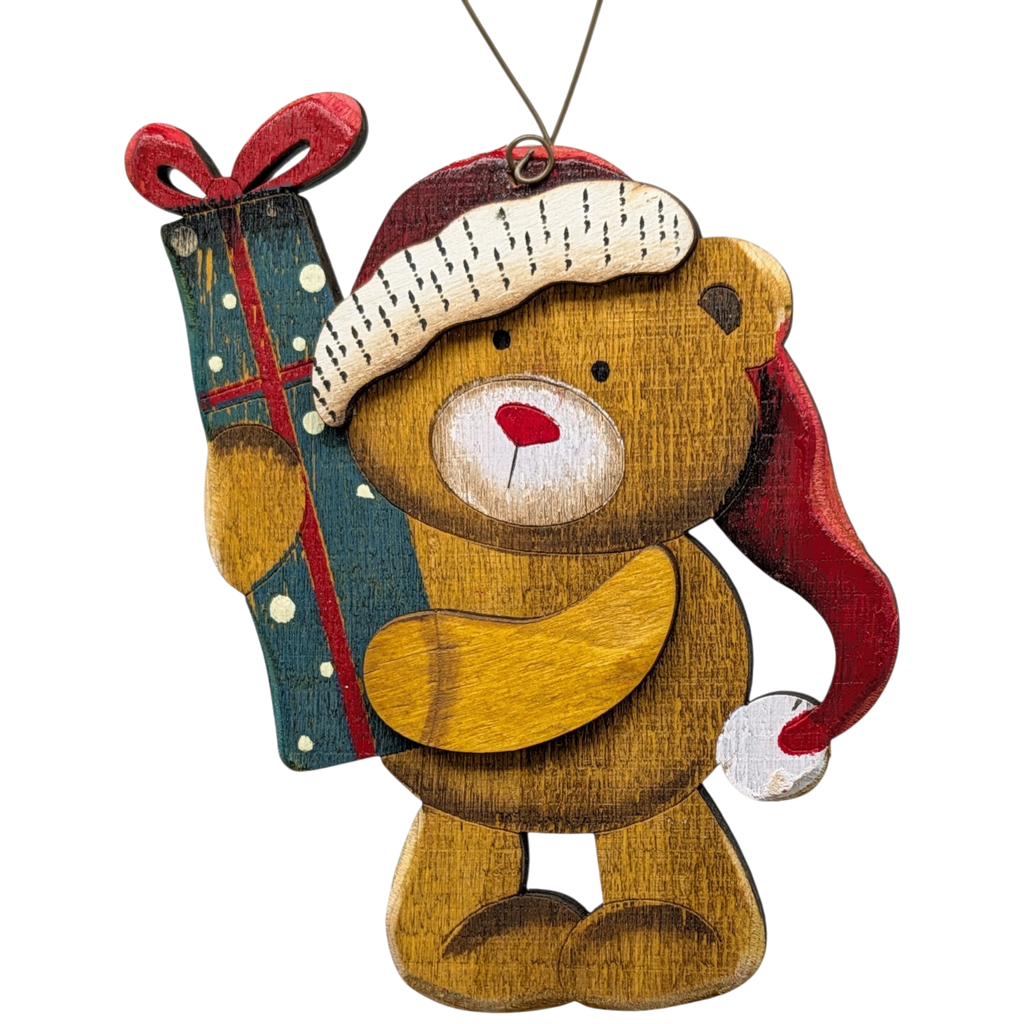 Teddy's Christmas Cheer: Hand-Painted Plywood Ornament