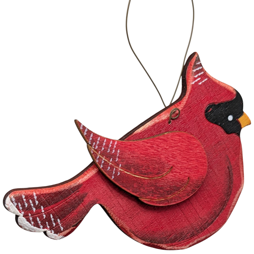 Scarlett's Cardinal Flight: Hand-Painted Plywood Ornament
