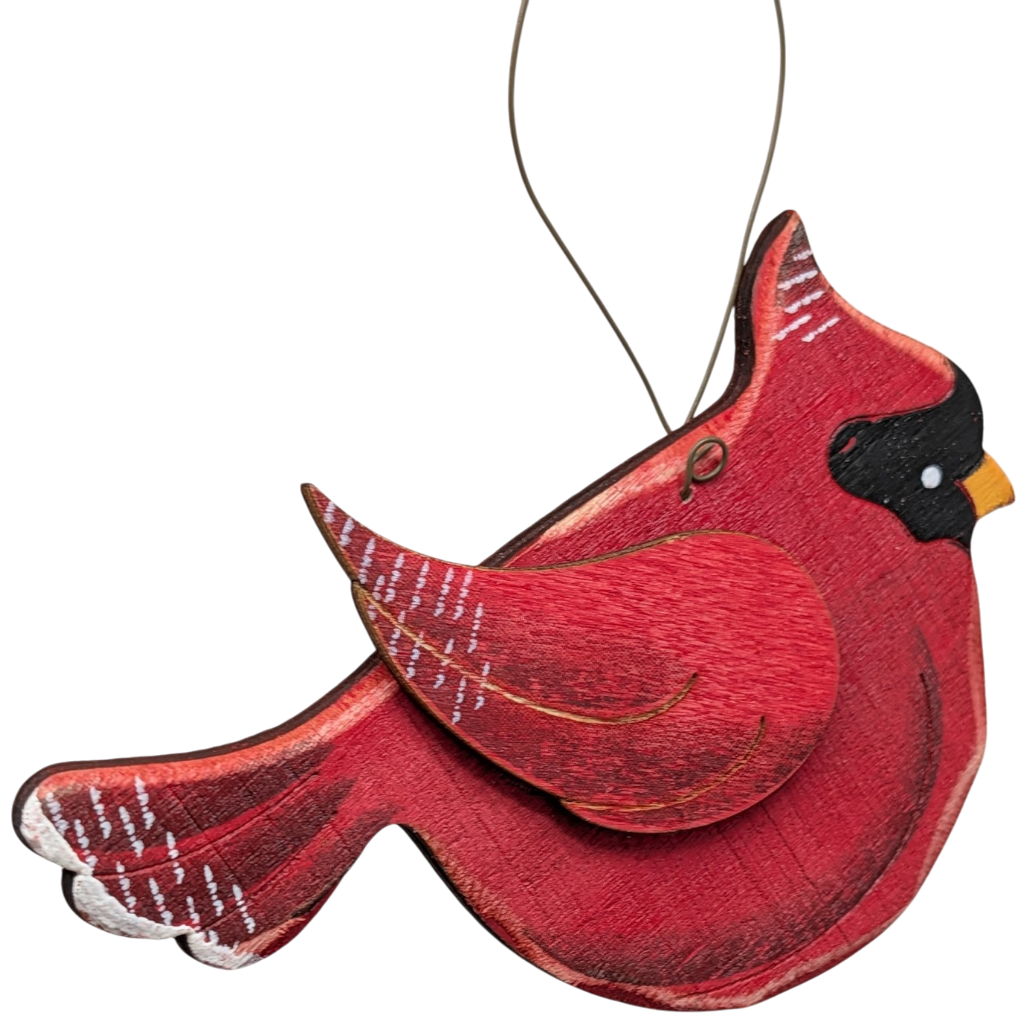 Scarlett's Cardinal Flight: Hand-Painted Plywood Ornament