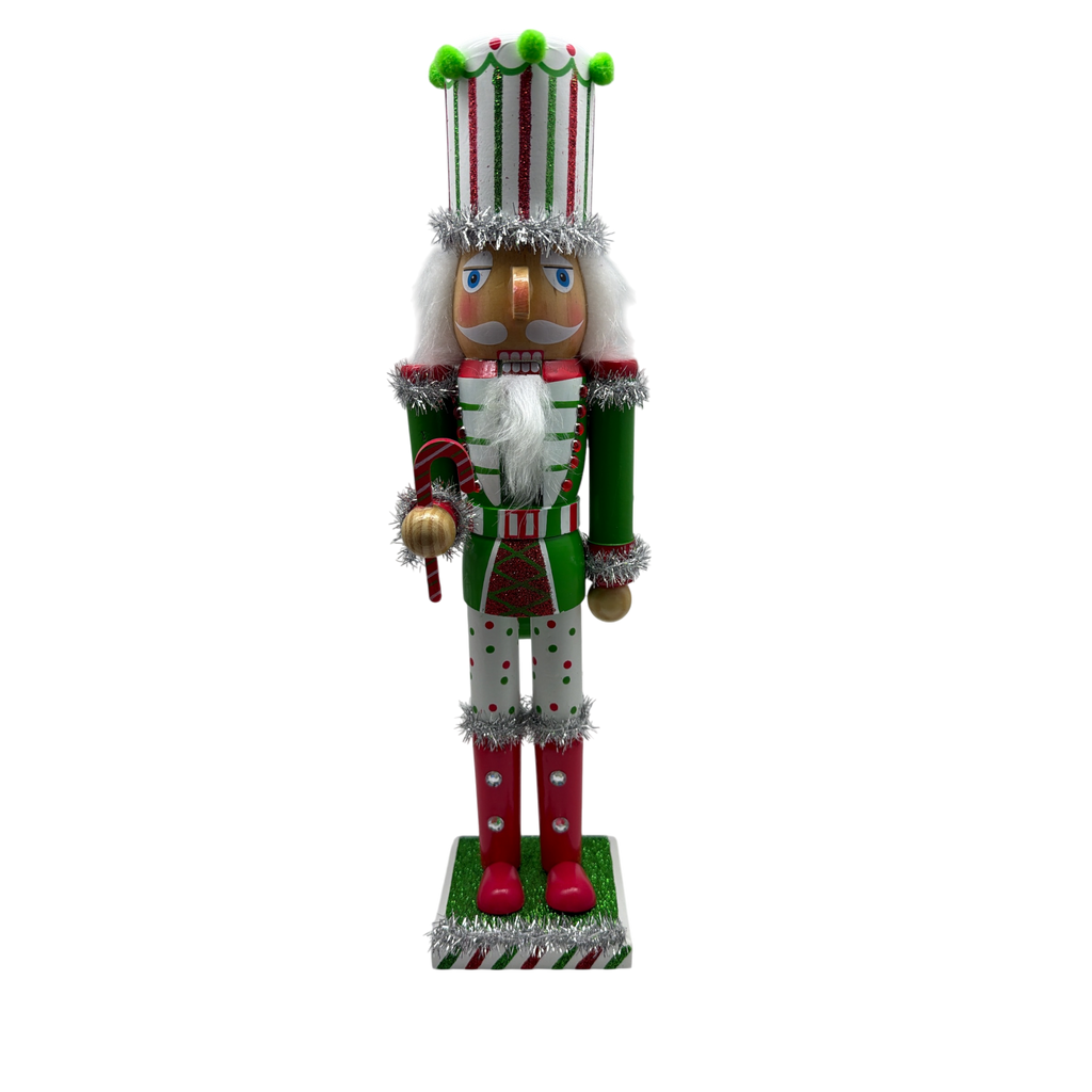 Red White and Green Nutcracker With Striped Hat